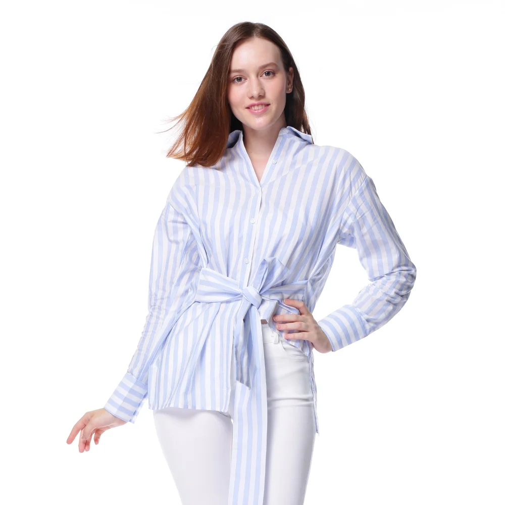 

Dioufond Blue White Striped Shirts Long Sleeve Loose Female Blouses Casual Bow Belt Ladies Clothing Turn-down Collar Women Tops