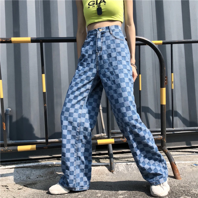

Stylish Unisex Boyfriend BF Plaid Jeans Wide Leg Denim Trousers High Waist Hiphop Dance Loose Straight Jeans Pant for Women Men
