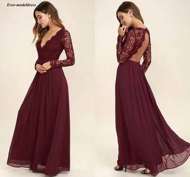 

Burgundy Lace Bridesmaid Dresses 2020 Sexy Open Back V-Neck A-Line Long Wedding Guest Party Gowns Chiffon Maid of Honor Dresses