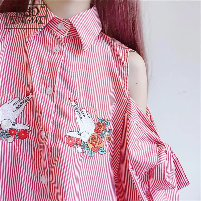  Women Stripe Blouse Flower Embroidery Off Shoulder Bow Lace Up Turn Down Collar Cute Lolita Shirt T