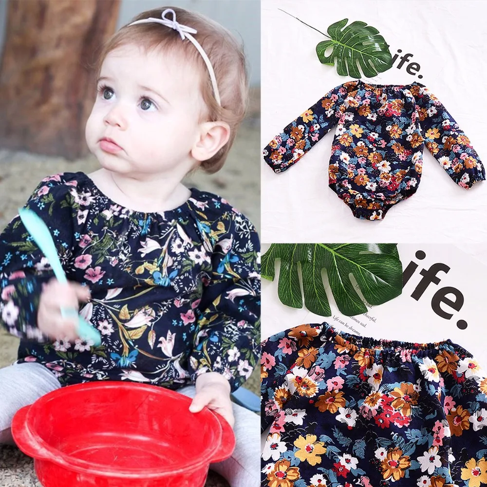 

Infant Baby Frilled Floral Neck Long Sleeves Romper Toddler Garment Clothes