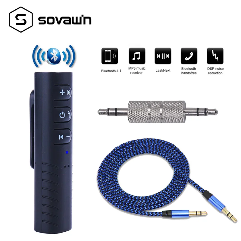 

Sovawin Wireless V4.1 Bluetooth Adapter Receiver 3.5mm Audio Handsfree Music Control with Mic for Car AUX Earphone Speaker
