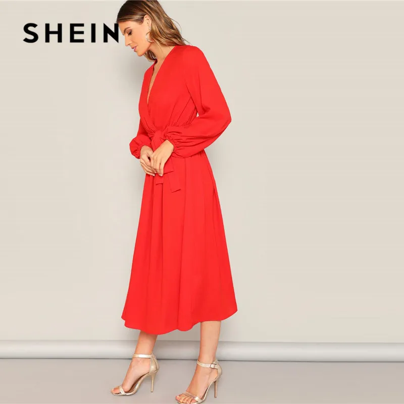 SHEIN Платье На Запах С Поясом, Оригинальным Рукавом И Глубоким V-образным Вырезом Одноцветное Платье Свободного Кроя