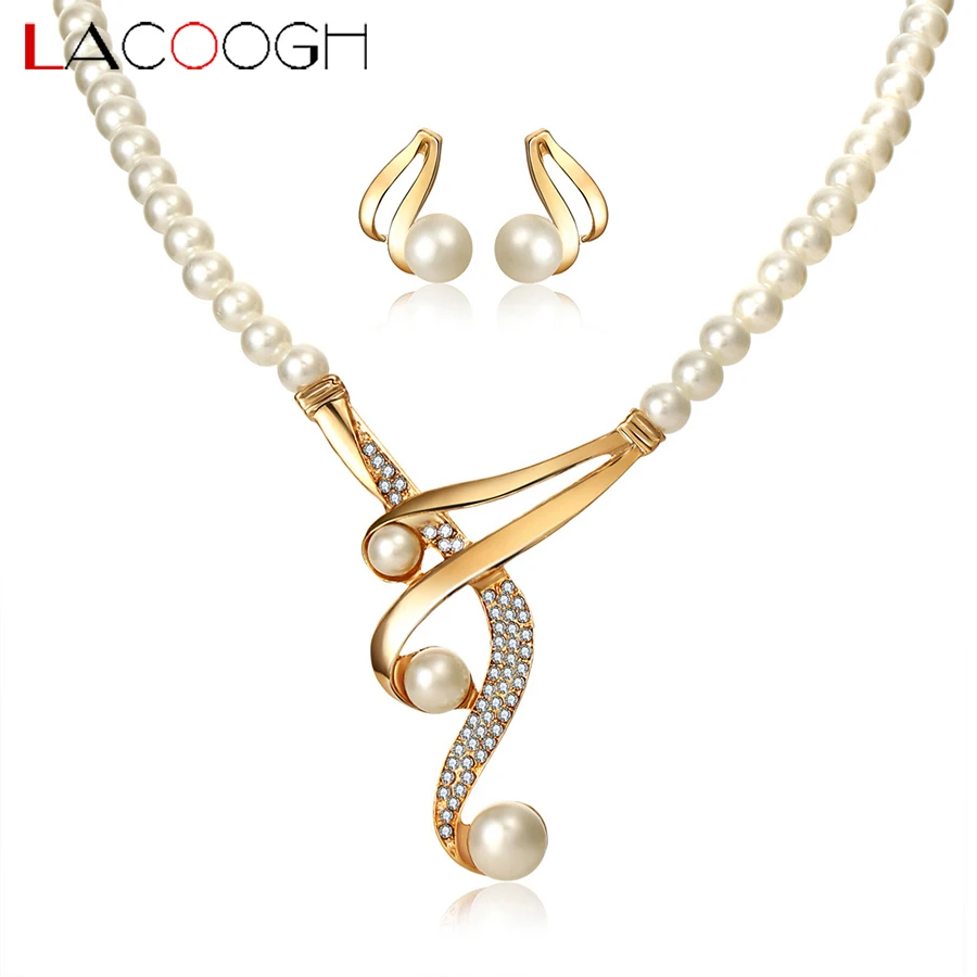 

Lacoogh 2017 New Trendy Jewelry Sets for Women White Simulated Pearls Costume jewelery sets Fashion Party Jewelry Accessories