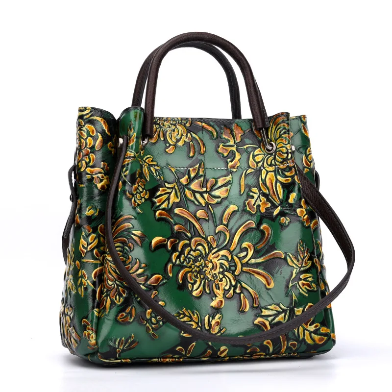 

Women Shoulder Embossed Messenger Cross Body Handbag Tote Purse National Style Top Handle Bags Female Genuine Leather Bag