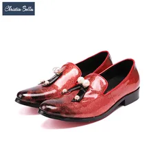 Christia Bella/брендовые Роскошные Мужские модельные туфли с жемчугом; мужские лоферы из лакированной кожи в винтажном стиле; обувь для торжеств; обувь на плоской подошве размера плюс