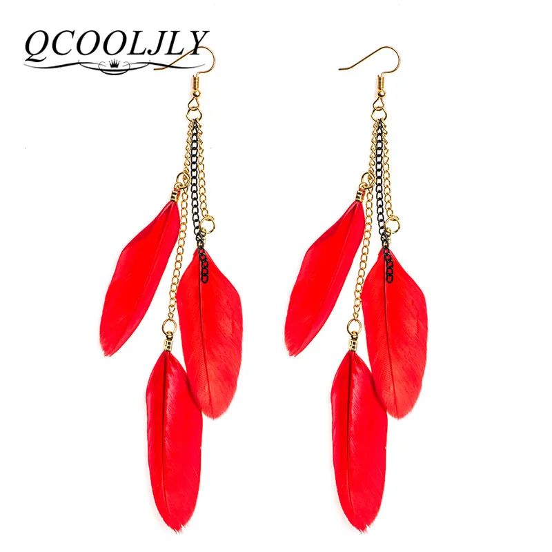 

QCOOLJLY Vintage Long Drop Earring Women Colorful Fancy Feather Dangle Earrings Ethnic Indian Charm Drop Earring Jewelry