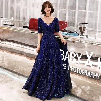 

2019 Sunmmer Autumn Women Dress Blue Sequin Long Vintage Haute Couture Noble Elegant Gown Birthday Girl's Shirt Dress A298