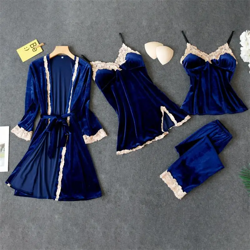 Темно-синие весенние велюровые пижамы наборы женские 4 шт ремень Топ брючный костюм повседневная домашняя ночная рубашка сексуальный халат - Цвет: Style  4