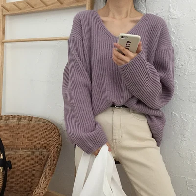 

2 COLOURS free size women warm V-neck solid colour sweter full sleeve pullovers