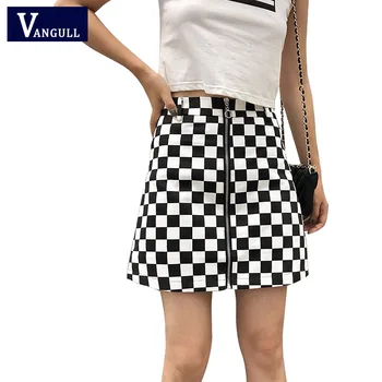 

Vangull Women Sexy A-line Checkerboard Skirt New Summer High Waist Plaid Print Reversible Ring Zipper Short Street wear Skirts
