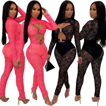 

2019 Buckle Hollow Out Skinny Jumpsuit Women Long Sleeve Lace Playsuit Club Sexy Perspective Overalls
