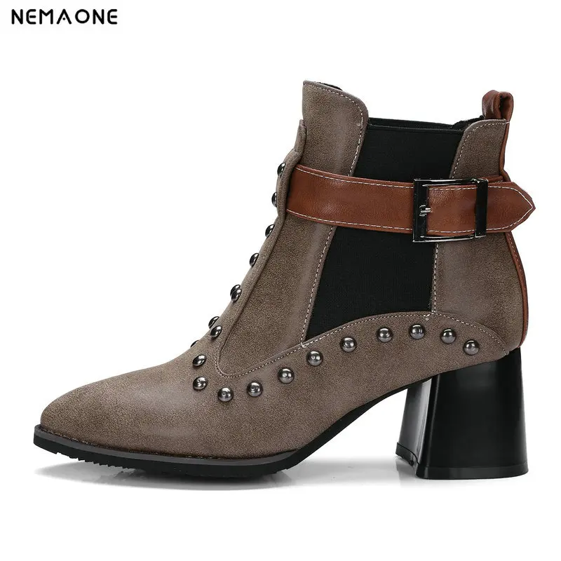 

New square high Heel women boots fashion poined toe ankle Boots woman rivets buckle casual shoes woman large Size 34-43