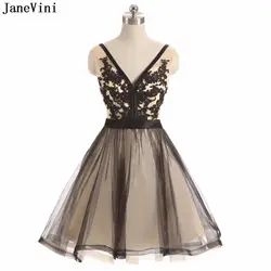 JaneVini простые дешевые черные короткие платья подружек невесты плюс размеры V образным вырезом Кружева Аппликации с открытой спиной Тюль