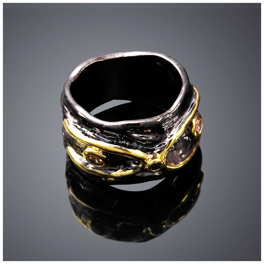 DreamCarnival 1989 Unique Women Wide Band Type Infinity CZ Bezel Set Black Gold Color Party Style Ring Gothic Jewelry ZR14176