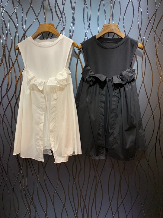 

2019 Summer New Women's Wear Round Neck Irregular Ear Stitching Pure Color Sleeveless Top 529