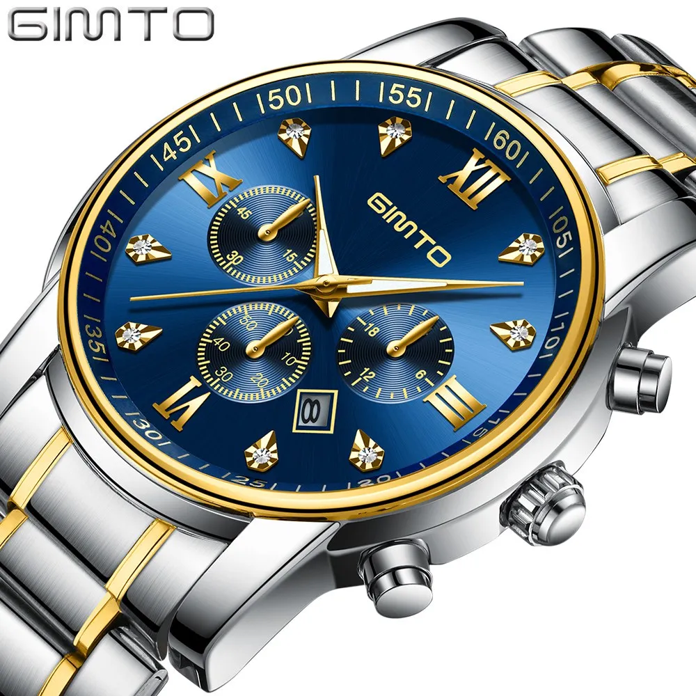 

GIMTO Brand Luxury Men Watch Gold Silver Rhinstone Male Quartz Wristwatch Goden Blue Color Stainless Steel Waterproof Clock