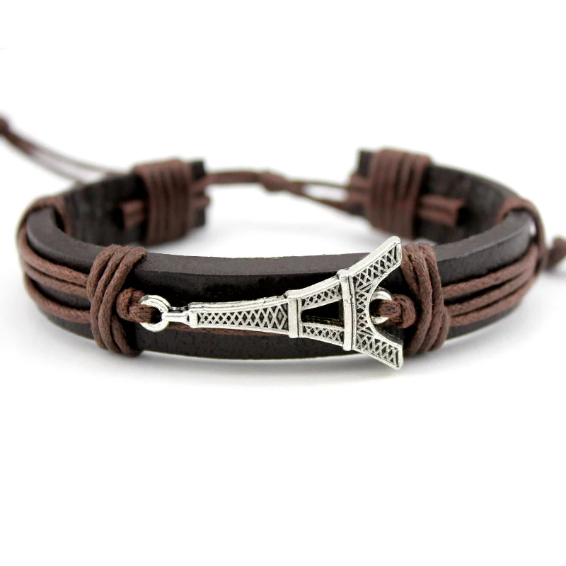 

Eiffel Tower Bow Arrow Star Crown Handcuffs Dog Paw Fish Turtle Skull Dragon Charm Leather Bracelets Women Men Unisex Jewelry