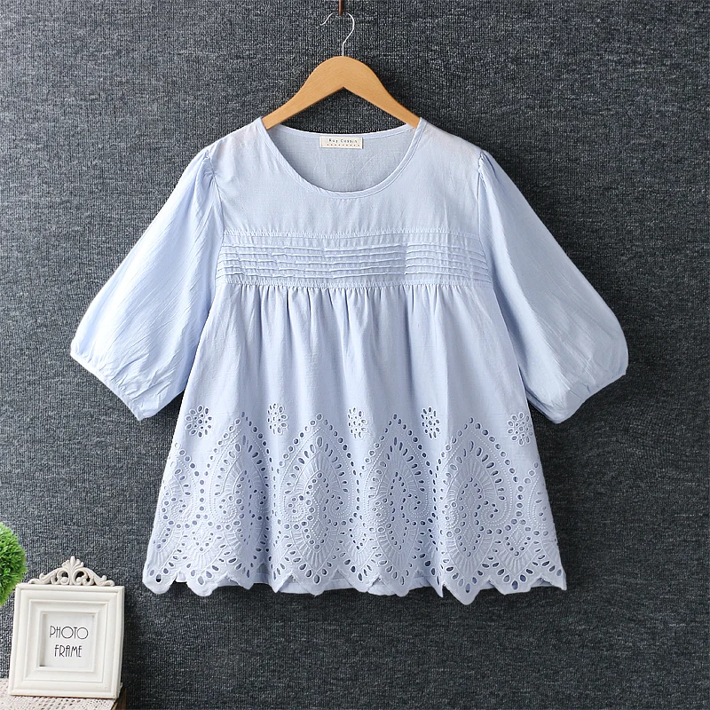 

mori girl summer Sweet small fresh openwork embroidered pleated doll shirt blouse women 2427
