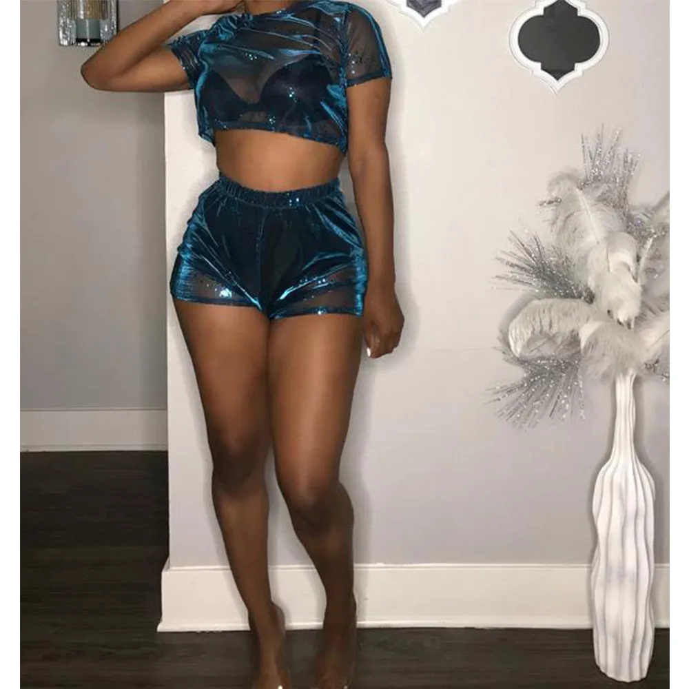 

Mesh See Through Sexy 2 Piece Sets Women O-neck Short Sleeve Crop Top and Shorts Summer Beach Wear Party Matching Set Outfits