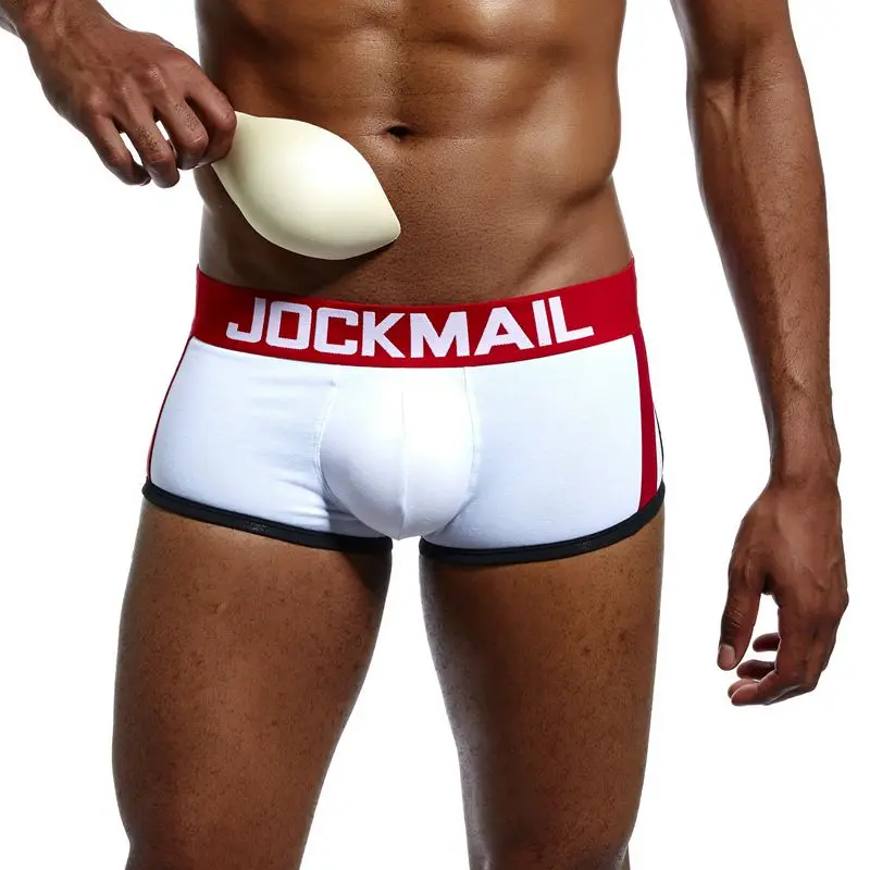 JOCKMAIL Брендовое сексуальное мужское нижнее белье с подкладкой, мужские боксеры, усиление выпуклости, боксерские шорты, Гей Нижнее белье, подарок, Передняя съемная чашка пуш-ап - Цвет: Белый