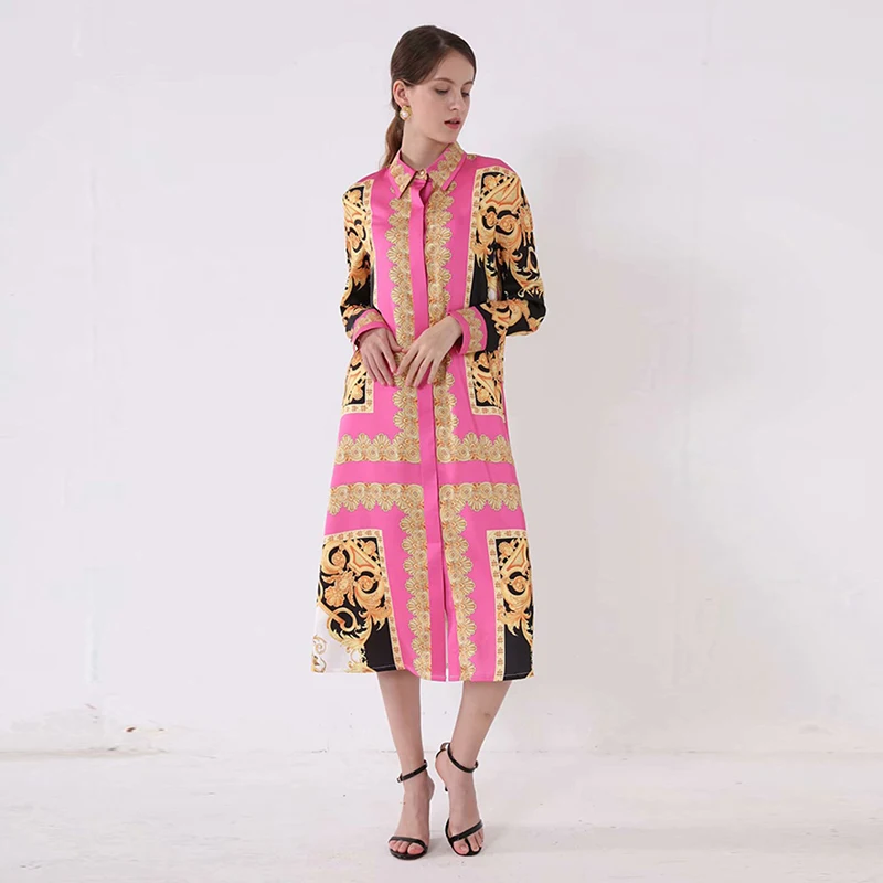 

HIGH QUALITY New Fashion 2019 Runway Dress Women's Long Sleeve Retro Floral Print Midi Shirt Dress