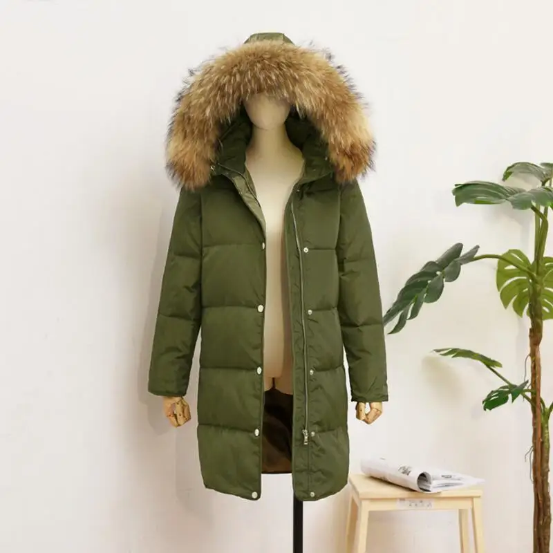 New Autumn Winter Fur Collar Long Thick Down Coats Women White Duck Down Jacket Hat Detachable Windproof Female Outwears Mw107