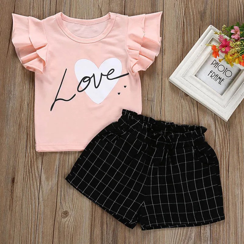 

Summer Baby Girls Clothes Flare Sleeve Letter Print T-shirt Tops+Plaid Shorts Suits Casual Outfits Sets
