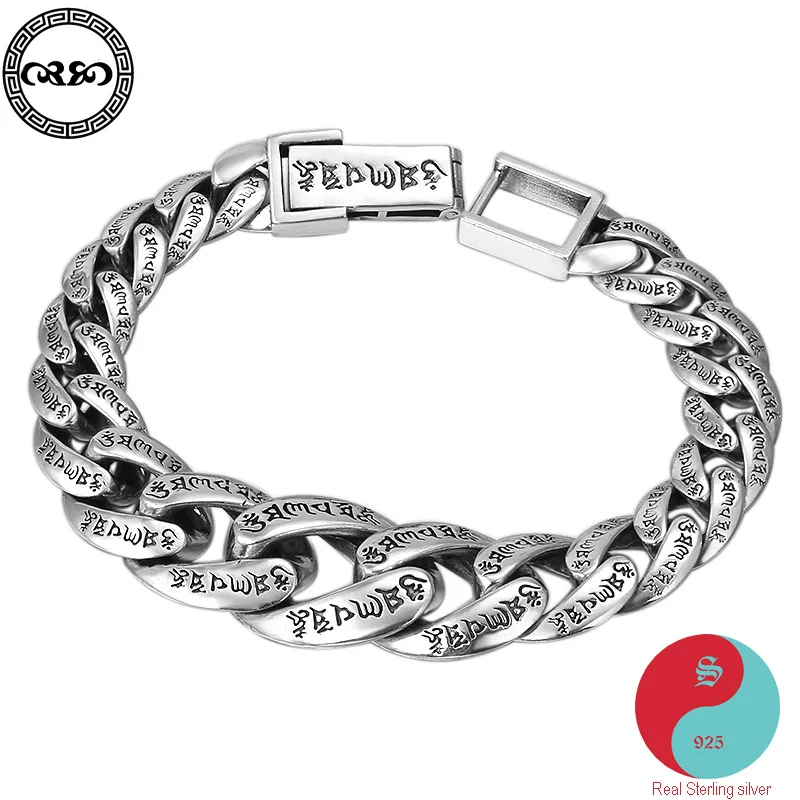 

Retro Men lucky ethnic Real Pure S95 sterling silver men's bracelet minimalist cuban link Chinese buddha mantra Fine Jewelry
