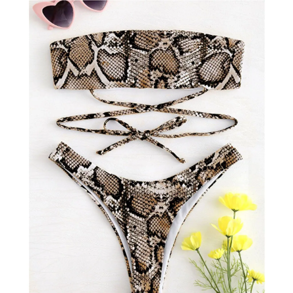 Swimsuit Women Snake Skin Pattern Bandage Bikini Set Polyester Brazilian Swimwear Beachwear Summer Women Bikini 2019 mujer