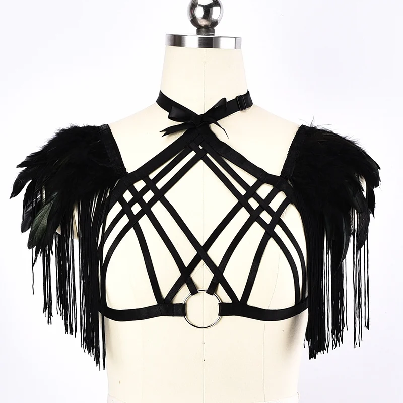 

BODY HARNESS Women Neck Harness Black Tassels Feather Cage Bra Elastic Lingerie Bondage Body Belt Sexy Crop Top Fetish Bralette