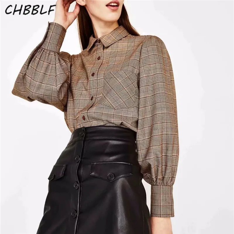 

CHBBLF women vintage plaid blouse long sleeve shirt female pocket crop tops blusas DFJ6607