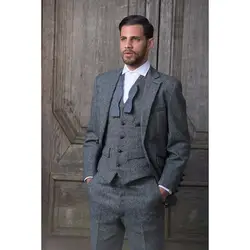 Индивидуальный заказ серый Твид деловой мужской костюм новый Slim Fit Классические стильный пользовательский Для мужчин S смокинг 3 предмета