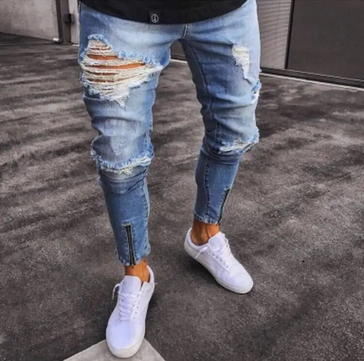 

DIAOOAID Men's Stretchy Ripped Skinny Biker Jeans Destroyed Slim Fit Denim Pants Male Vintage Hip Hop Hole Ankle Cut Trousers