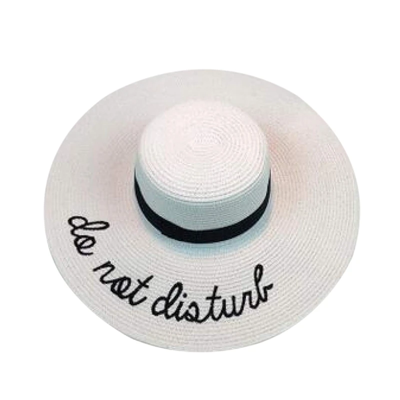

NEW-Summer Womens Wide Brim Do Not Disturb Sun Hat Embroidery Straw Cap Floppy Foldable Roll Up Cap Beach Sun Hat