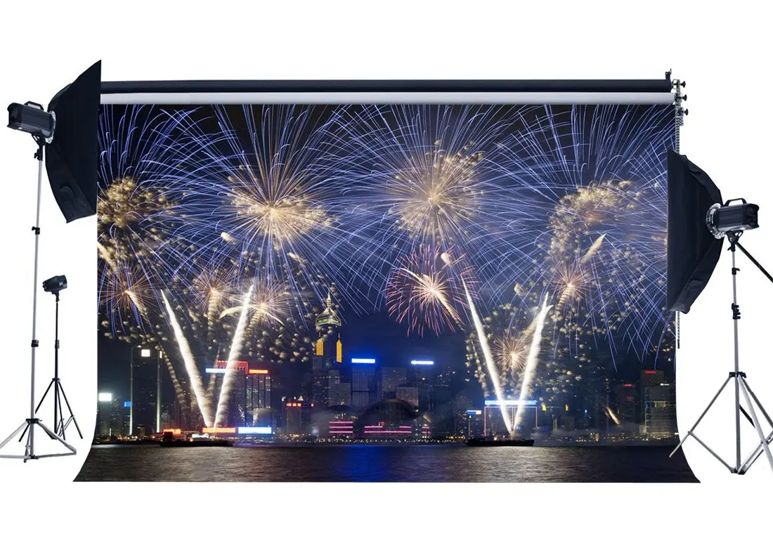 

New York City Night View Backdrop Skyscraper River Fancy Fireworks Romantic Wallpaper Photography Background
