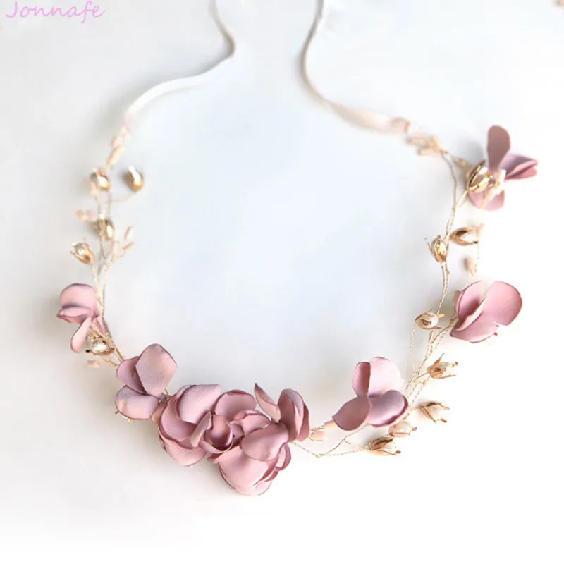 

Jonnafe Handmade Pink Flower Hair Wreath For Wedding Prom Pearls Bridal Headband Hair Accessories Women Headpiece
