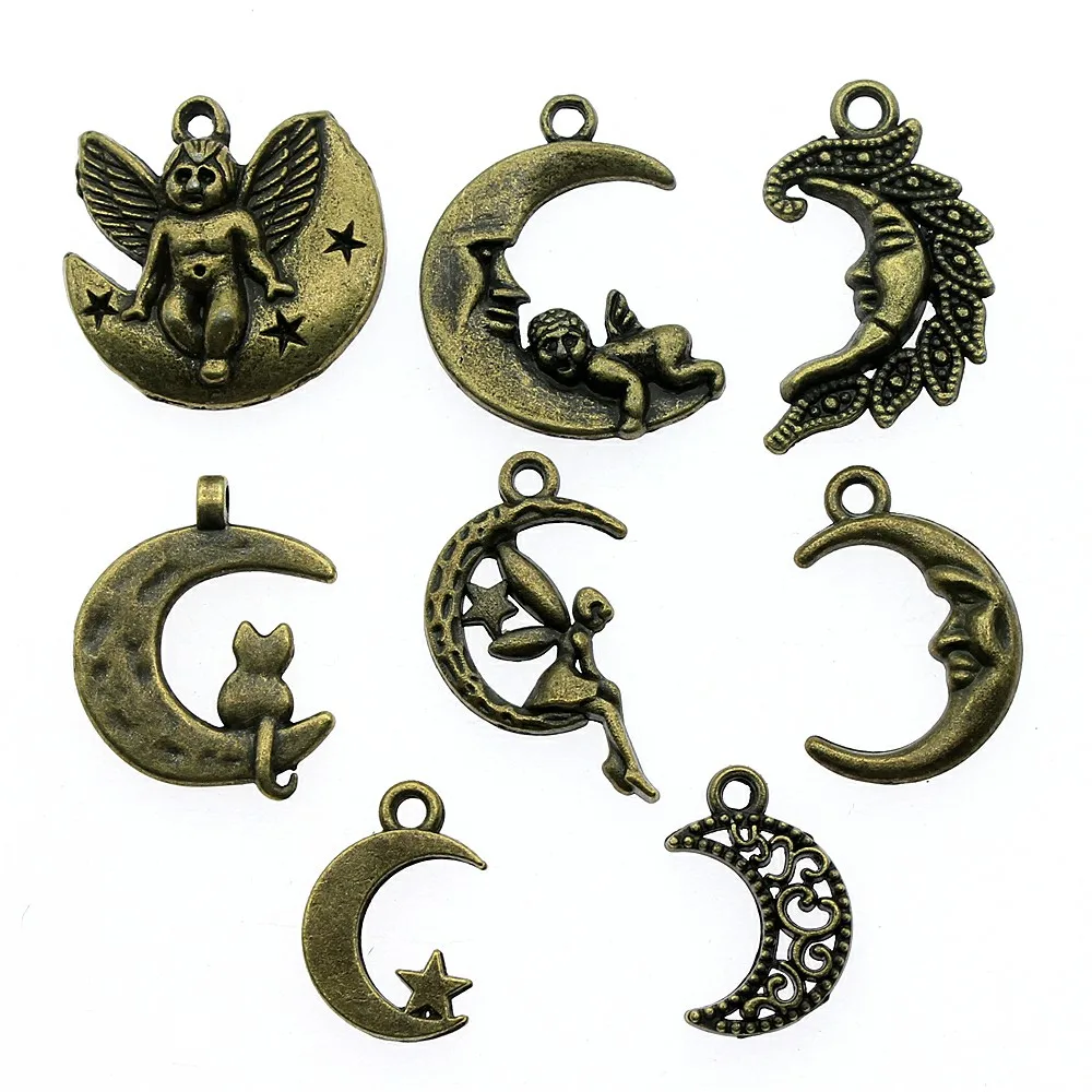 

15pcs/lot Moon Charms Moon Angel Pendants Jewelry Making Moon Angel Charms For Bracelet Making Antique Bronze Color