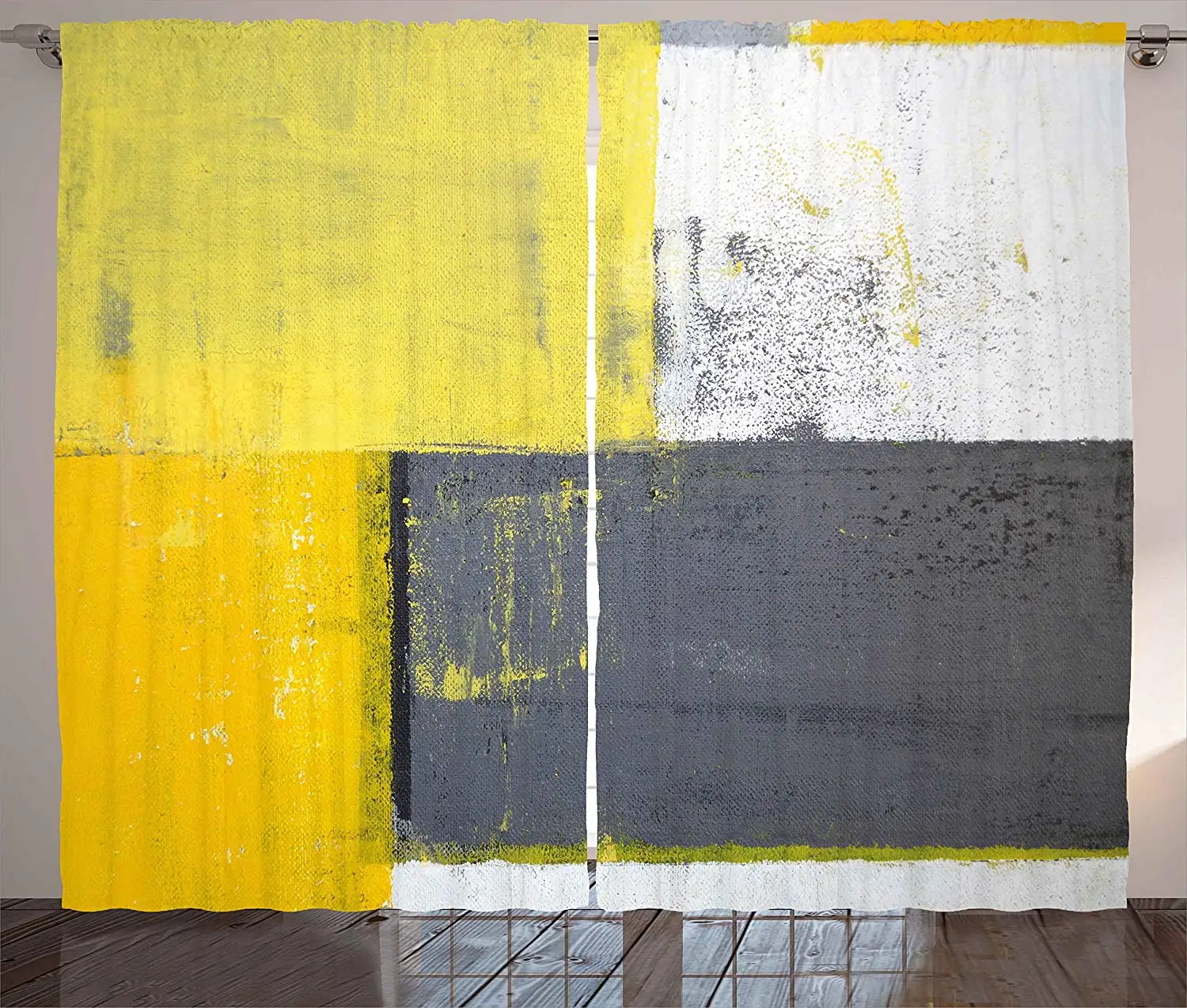 

Grey and Yellow Curtains Street Art Modern Grunge Abstract Design Squares Living Room Bedroom Window Drapes