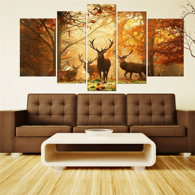 

Hot Sale 5 Panels Wall Art Painting Deer In Autumn Forest Pictures Prints On Canvas Animal Picture Decor Oil For Home Decoration