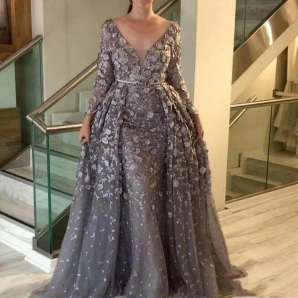 gray evening gowns with sleeves