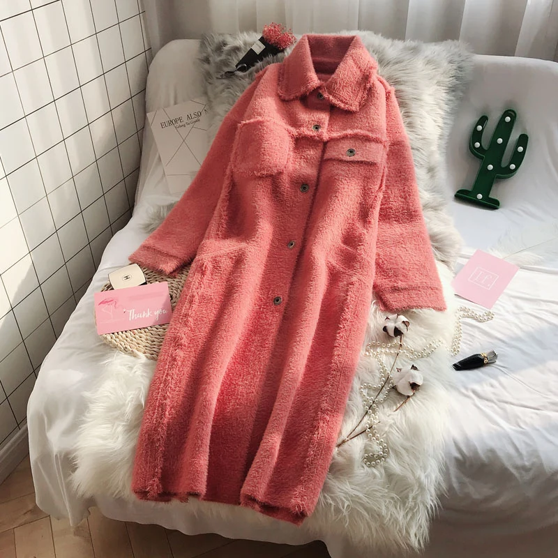 

Fashionable women single-breasted long section imitation velvet sweater thick coat winter new loose super fire Faux velvet coat