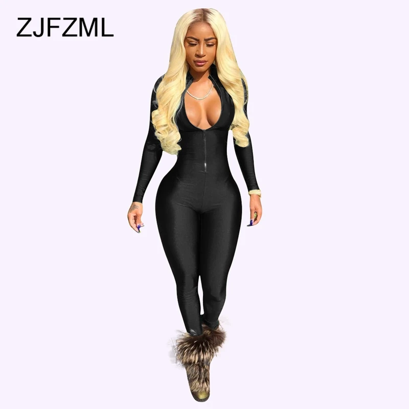 ZJFZML Womens Jumpsuit Long Sleeve Skinny Causal Outfits Rompers Female Front Zipper Overalls V Neck Party Club Sportsuits