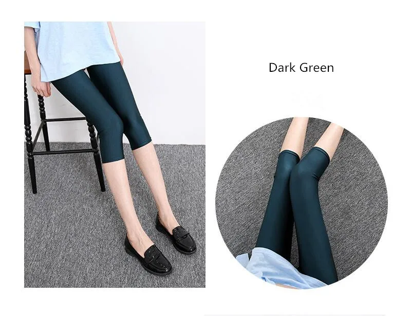 Летние женские капри брюки леггинсы повседневные однотонные флуоресцентные блестящие леггинсы тонкие эластичные леггинсы для фитнеса Feminina - Цвет: Dark Green