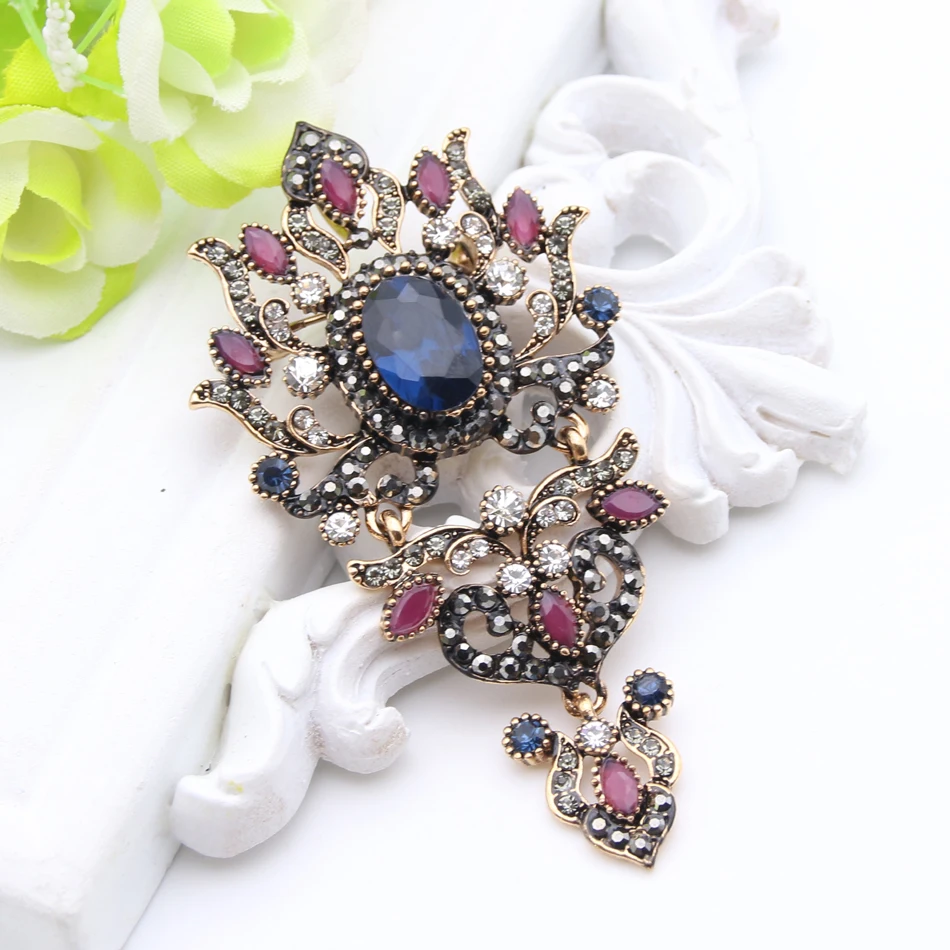 

New Arab Vintage Crytal Flower Brooches Broches Turkish Women Retro Gold Color Crystal Ethnic Brooch Samba Ladies Bijoux Gift