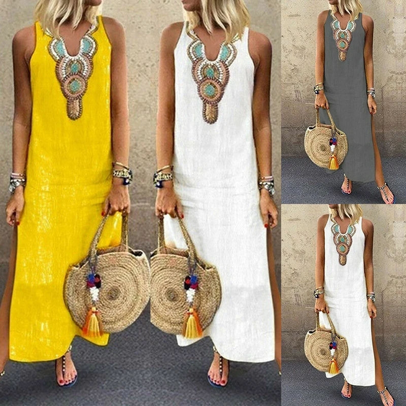 2019 Women Summer Linen Sundress Sexy Split Hem Maxi Dress Sleeveless V-Neck Baggy Dresses Ladies Kaftan Boho Dress Vestidos
