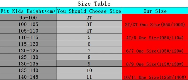 SIZE TABLE
