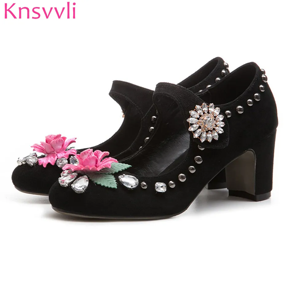 

Retro Ethnic Style Kid Suede Chunky High Heel Woman Shoes Leaf Flowers Women Pumps Crystal Rivet Strap Heeled Shoes Woman