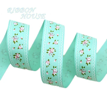 

(10 yards/lot) Light Green grosgrain ribbon printed lovely floral series ribbons