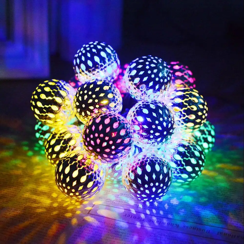 US $13.78 Outdoor Solar LED Patio Lights Moroccan Ball Lantern Fairy Light Chain Waterproof String Lights Golden Silver Garden Lamp Ball